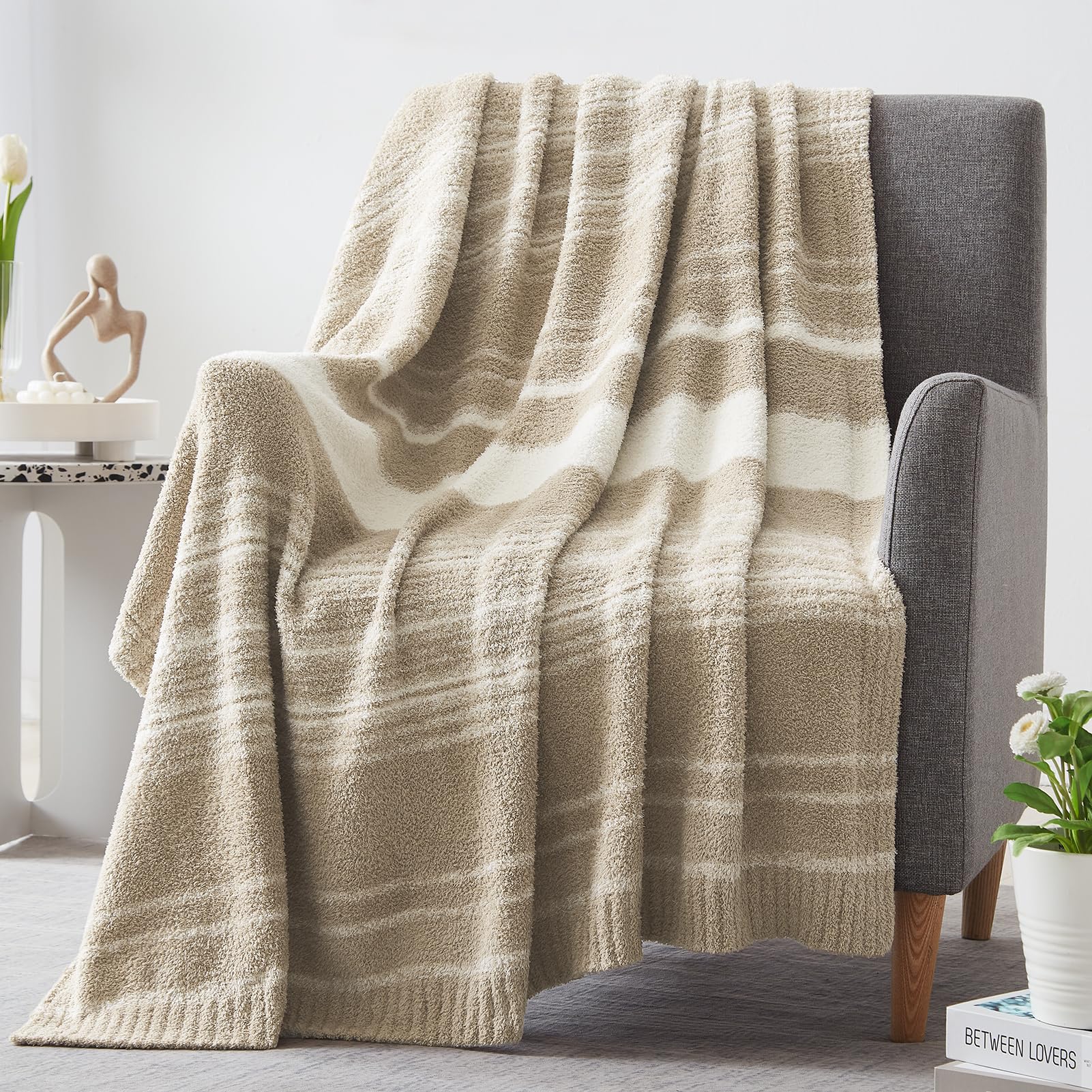 Wrengonge Khaki Throw Blanket, 50X70 Soft Cozy Microfiber Striped Throw Blankets For Couch, Sofa, Bed, Travel, Lightweight Fluff